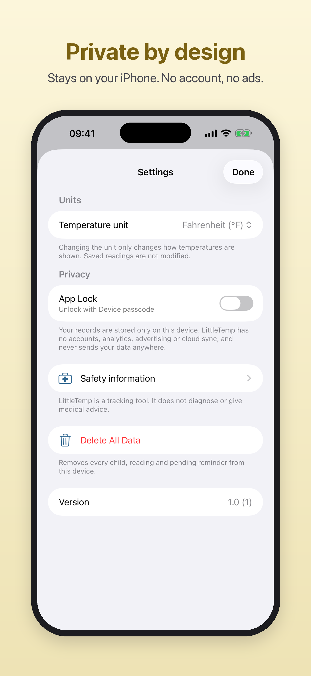 LittleTemp privacy settings, including optional App Lock and Delete All Data