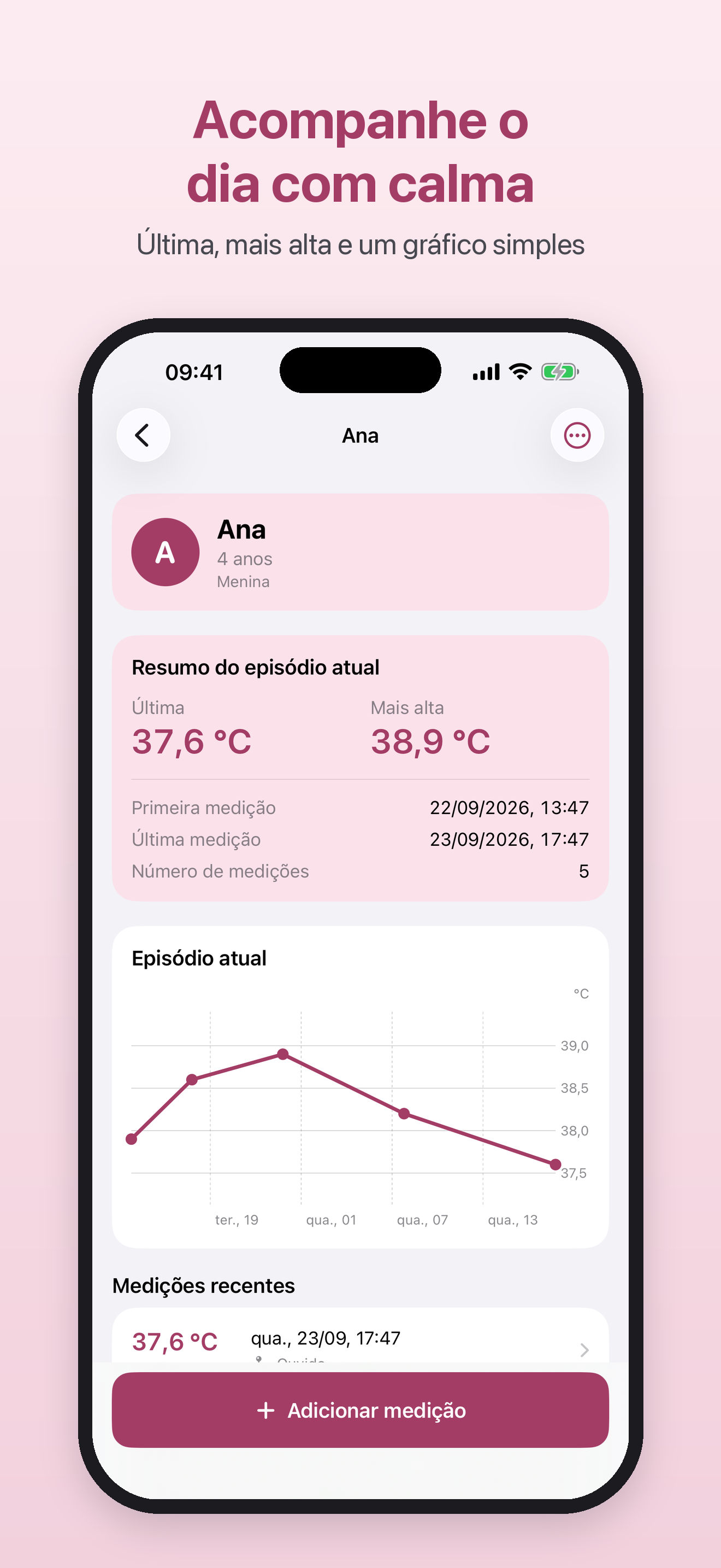 A LittleTemp mostra o episódio atual de uma criança, incluindo a última e a mais alta temperatura e um gráfico simples
