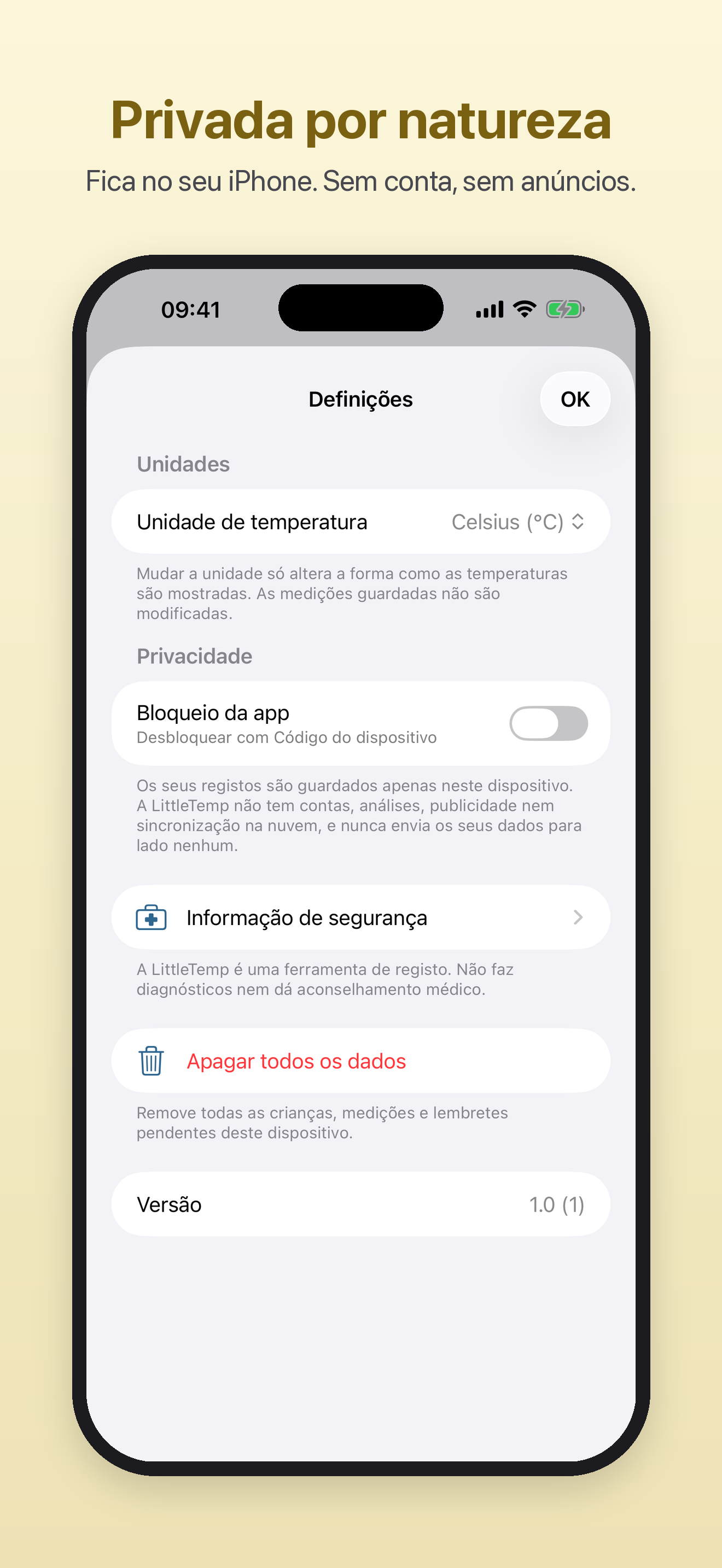 Definições de privacidade da LittleTemp, incluindo bloqueio opcional e apagar todos os dados